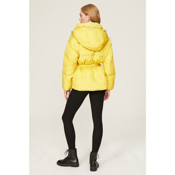 OOF Neon Yellow Nylon 100% Polyester High Neck Tie Front Puffer Coat size 40 - Picture 11 of 16